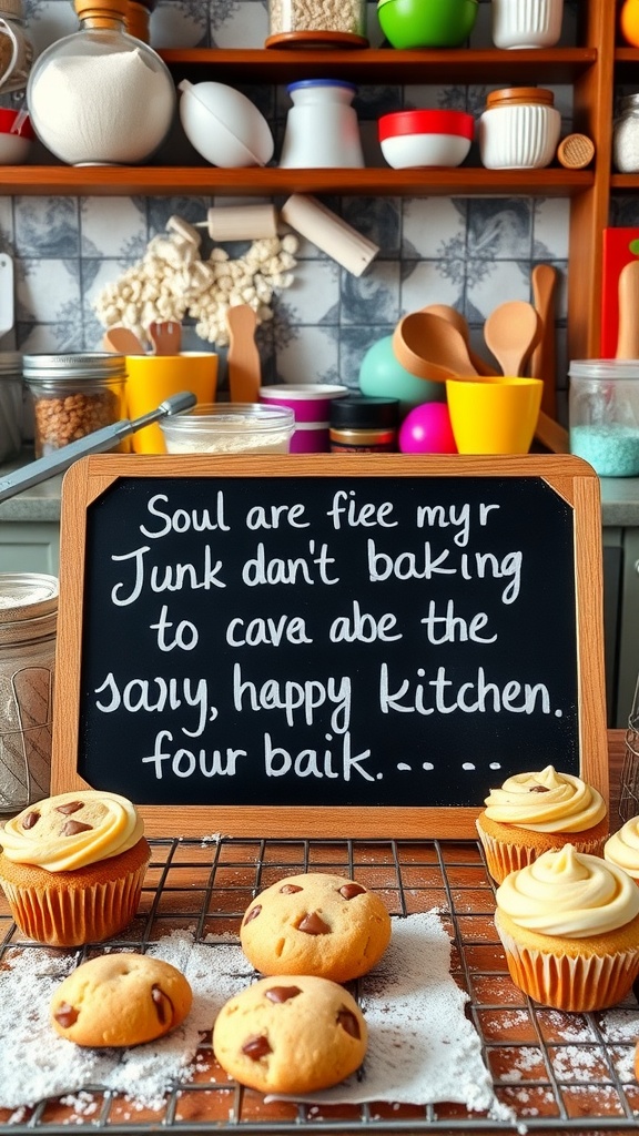 A cozy kitchen with baking ingredients and a cute quote about baking on a chalkboard, surrounded by cookies and cupcakes.